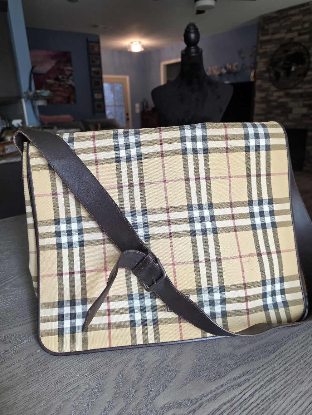 Authentic Burberry Classic Plaid Messenger Bag in Beige with Brown Leather Trim